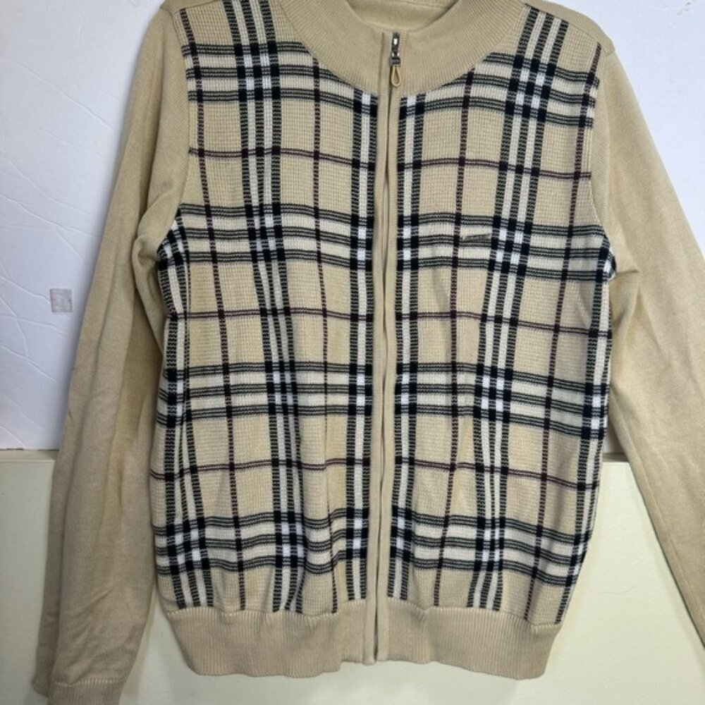 BALENCIAGA Nova‎ Check Zip Cardigan Knit Jacket Sweater Logo Neutral Tan Wool S - Picture 11 of 16